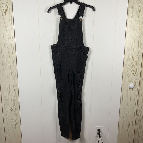 Dollhouse Juniors Women Denim Bib Overalls 7 30x28 Black Distressed Jean Skinny - Picture 1 of 9